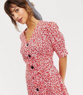 Red Ditsy Floral Puff Sleeve Button Up ...